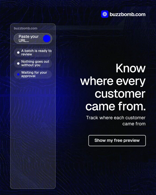 Instagram portrait post for BuzzBomb: "Know where every customer came from." Phosphor atlas style, right layout, dark palette in black, blue, grey.