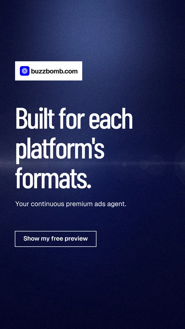 Instagram story for BuzzBomb: "Built for each platform's formats." Dark deco style, announce layout, dark palette in blue, black, grey.