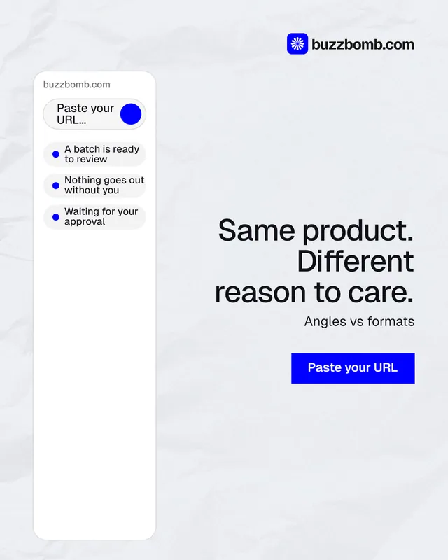 Instagram portrait post for BuzzBomb: "Same product. Different reason to care." Swiss style, right layout, light palette in white, blue.