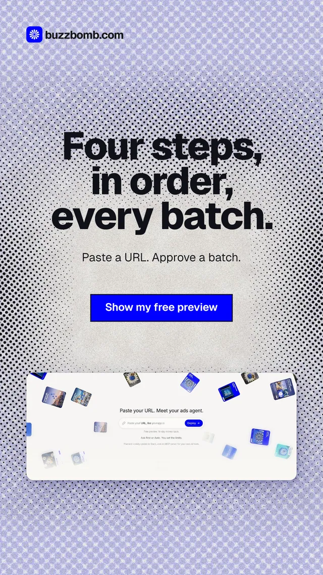 Instagram story for BuzzBomb: "Four steps, in order, every batch." Ink sticker style, centred layout, light palette in grey, blue, white.