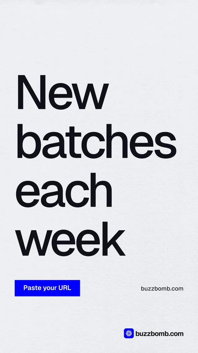Instagram story for BuzzBomb: "New batches each week". Swiss style, poster layout, light palette in white, grey.