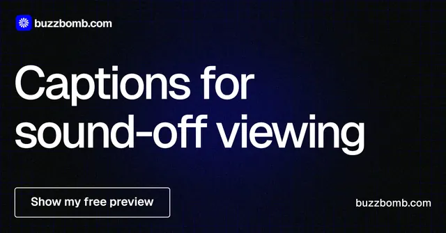 Social ad for BuzzBomb: "Captions for sound-off viewing". Phosphor atlas style, poster layout, dark palette in black, grey.