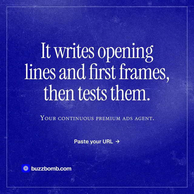Instagram post for BuzzBomb: "It writes opening lines and first frames, then tests them." Editorial style, smallcaps layout, dark palette in blue.