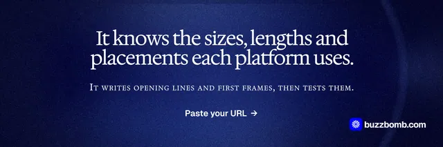 X header for BuzzBomb: "It knows the sizes, lengths and placements each platform uses." Dark deco style, smallcaps layout, dark palette in black, blue.