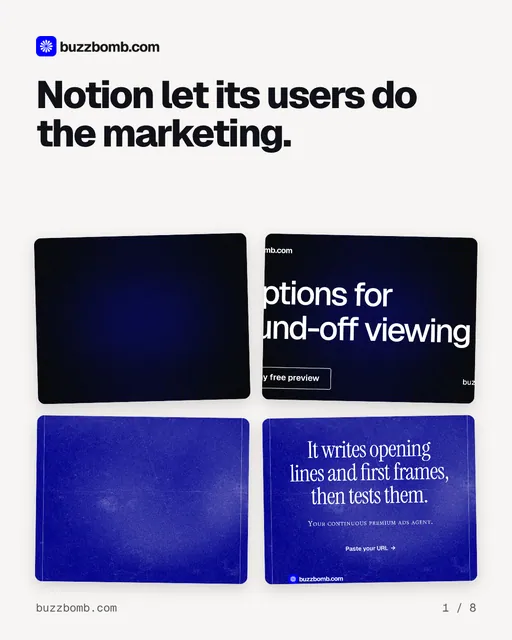 Carousel for BuzzBomb: "Notion let its users do the marketing.". Collection carousel, 8 slides, light palette.