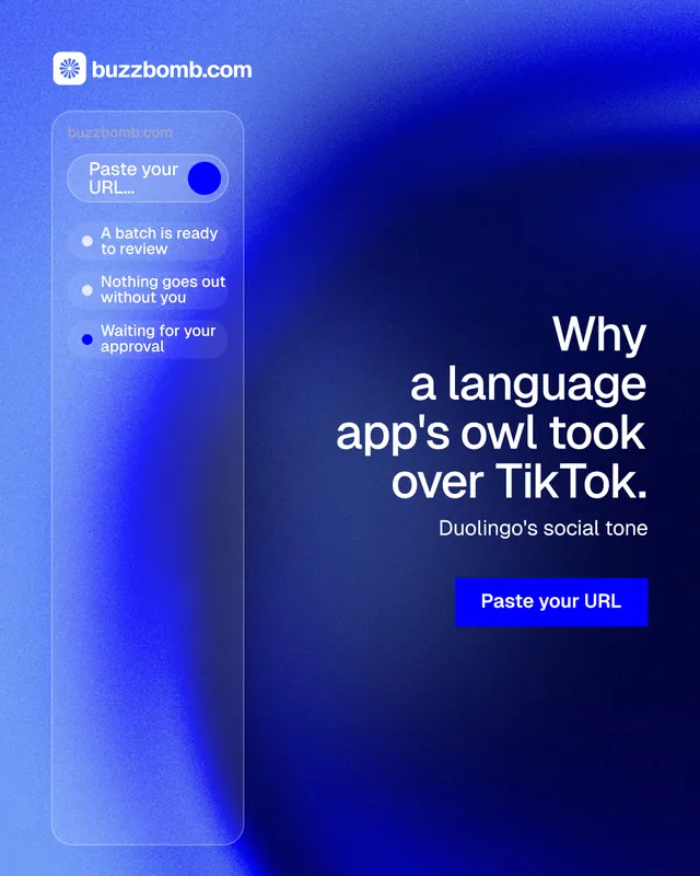 Instagram portrait post for BuzzBomb: "Why a language app's owl took over TikTok." Swiss style, right layout, dark palette in blue.