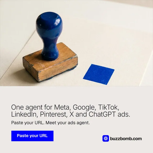 Instagram post for BuzzBomb: "One agent for Meta, Google, TikTok, LinkedIn, Pinterest, X and ChatGPT ads." Swiss style, bottom layout, light palette in orange, grey.