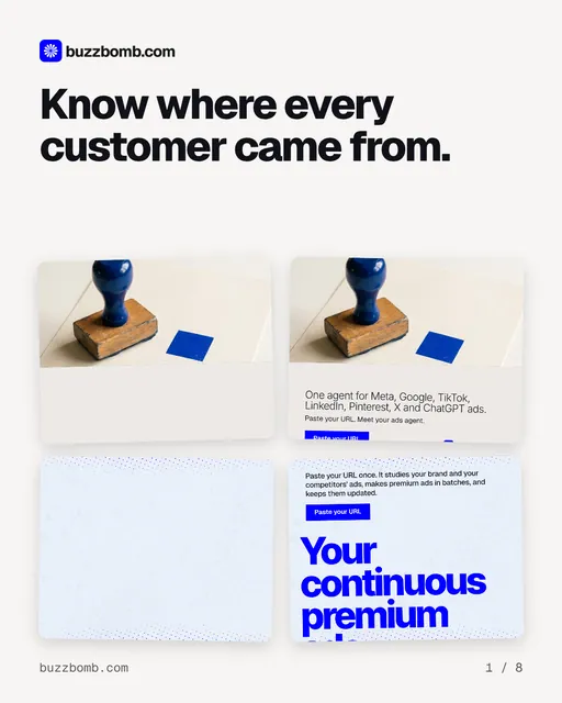 Carousel for BuzzBomb: "Know where every customer came from.". Collection carousel, 8 slides, light palette.