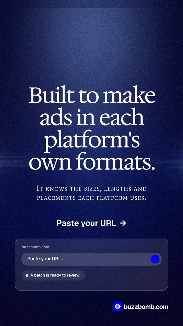 Instagram story for BuzzBomb: "Built to make ads in each platform's own formats." Dark deco style, smallcaps layout, dark palette in blue, black.