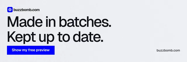 X header for BuzzBomb: "Made in batches. Kept up to date." Swiss style, poster layout, light palette in white, blue.