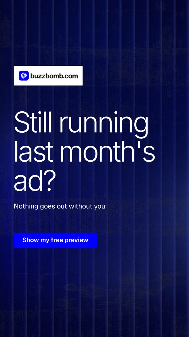 Instagram story for BuzzBomb: "Still running last month's ad?" Swiss style, announce layout, dark palette in blue.