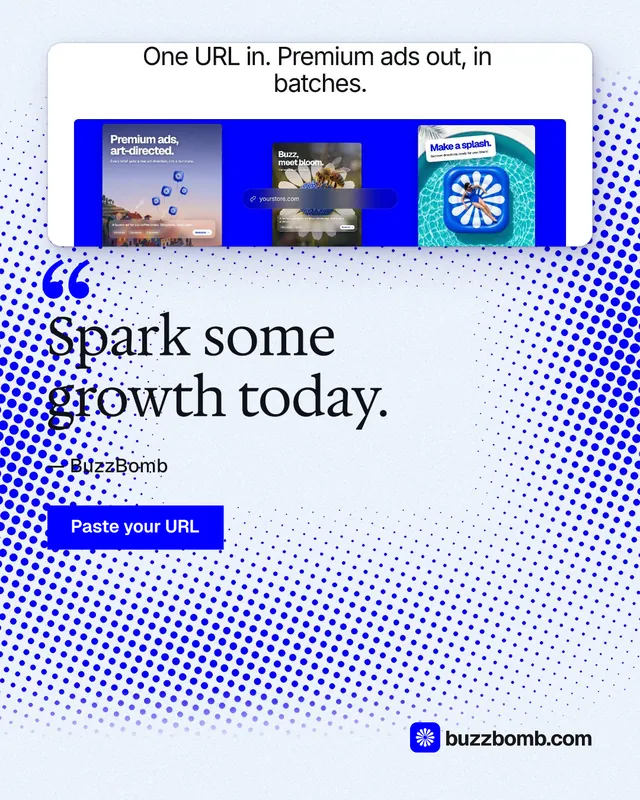 Instagram portrait post for BuzzBomb: "Spark some growth today." Swiss style, quote layout, light palette in blue, white.