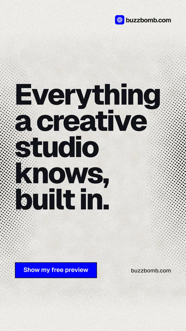 Instagram story for BuzzBomb: "Everything a creative studio knows, built in." Ink sticker style, poster layout, light palette in white, grey.
