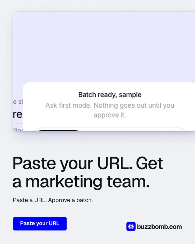 Instagram portrait post for BuzzBomb: "Paste your URL. Get a marketing team." Data card style, bottom layout, light palette in white, blue.