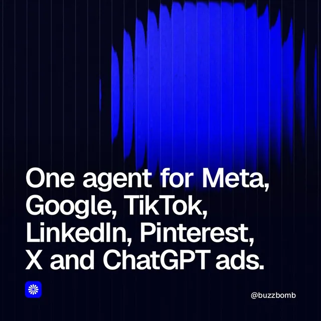 Video for BuzzBomb: "One agent for Meta, Google, TikTok, LinkedIn, Pinterest, X and ChatGPT ads.". Shader loop, 6.0 s, dark palette.