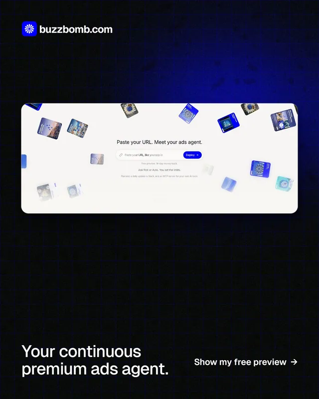 Instagram portrait post for BuzzBomb: "Your continuous premium ads agent." Phosphor atlas style, image led layout, dark palette in black, white, blue.