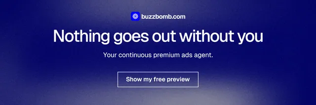 X header for BuzzBomb: "Nothing goes out without you". Cyanotype style, centred layout, dark palette in blue.