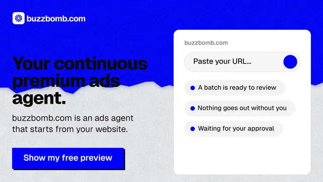 Landscape graphic for BuzzBomb: "Your continuous premium ads agent." Paper trio style, bottom layout, light palette in blue, white.