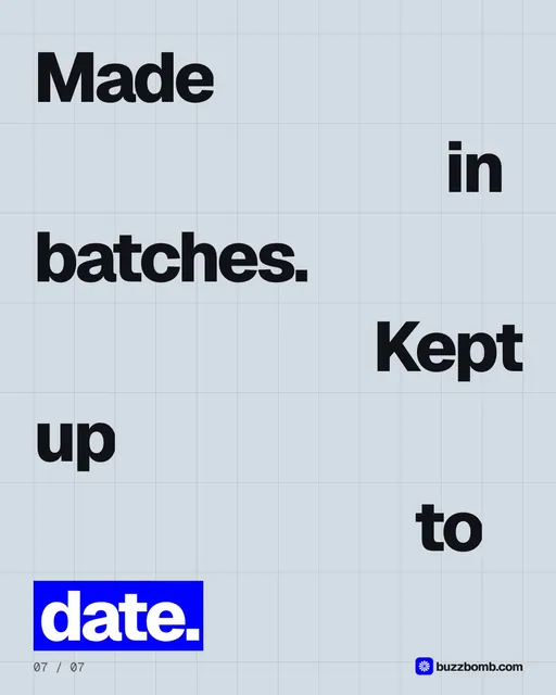 Video for BuzzBomb: "It picks a look for each batch: light, crop, type and layout.". Kinetic type grid, 6.0 s, light palette.