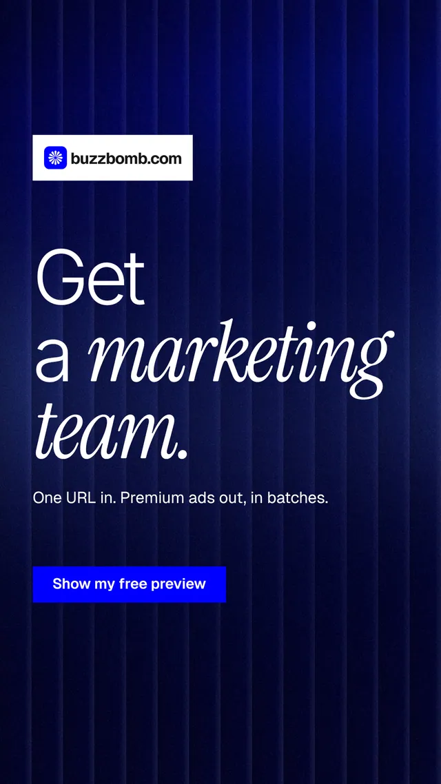 Instagram story for BuzzBomb: "Get a marketing team." Swiss style, announce layout, dark palette in black, blue, grey.