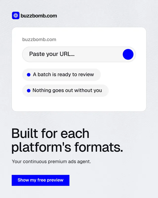 Instagram portrait post for BuzzBomb: "Built for each platform's formats." Swiss style, bottom layout, light palette in white, blue.