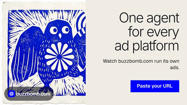 Landscape graphic for BuzzBomb: "One agent for every ad platform". Swiss style, right layout, light palette in yellow, blue, grey.