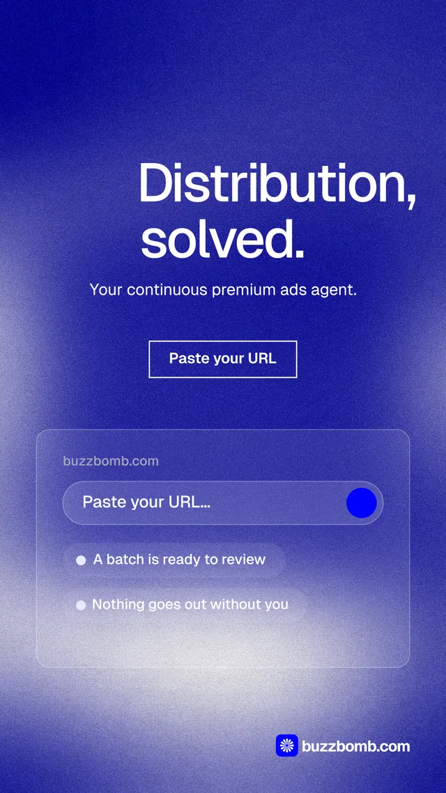 Instagram story for BuzzBomb: "Distribution, solved." Cyanotype style, centred layout, dark palette in blue.