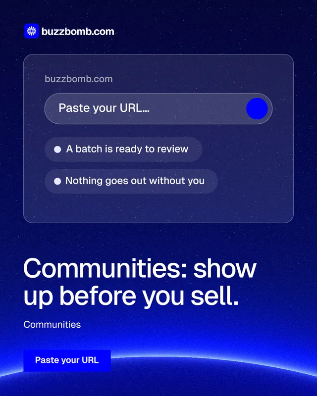 Instagram portrait post for BuzzBomb: "Communities: show up before you sell." Swiss style, bottom layout, dark palette in blue.