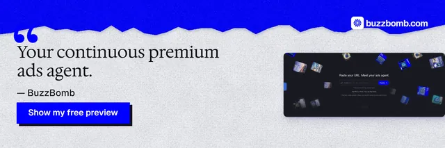 X header for BuzzBomb: "Your continuous premium ads agent." Paper trio style, quote layout, light palette in blue, white, grey.