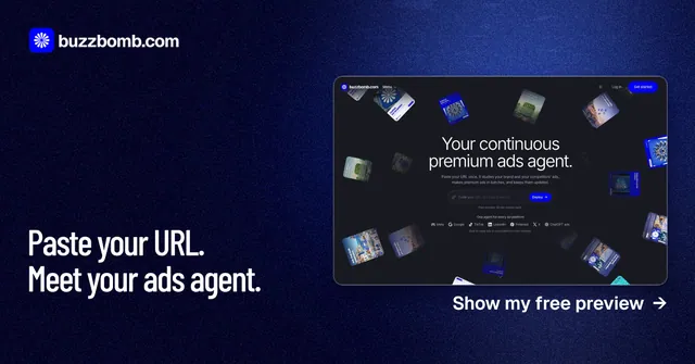 Social ad for BuzzBomb: "Paste your URL. Meet your ads agent." Dark deco style, image led layout, dark palette in black, blue.