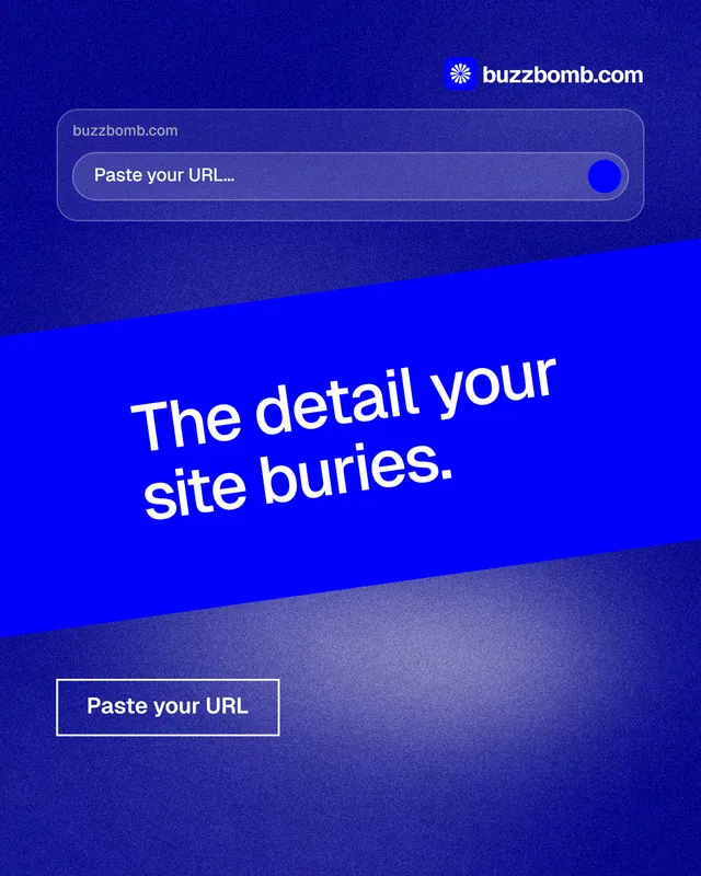 Instagram portrait post for BuzzBomb: "The detail your site buries." Cyanotype style, diagonal layout, dark palette in blue.