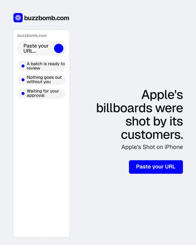 Instagram portrait post for BuzzBomb: "Apple's billboards were shot by its customers." Data card style, right layout, light palette in white, blue.