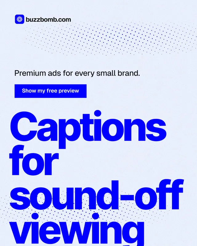 Instagram portrait post for BuzzBomb: "Captions for sound-off viewing". Swiss style, oversized layout, light palette in white, blue.