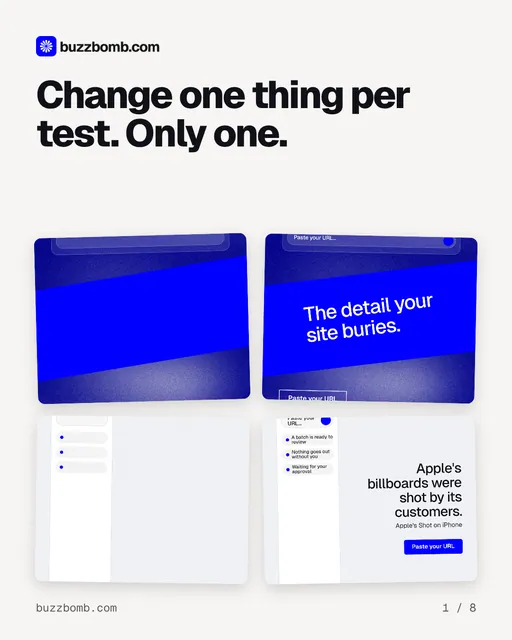 Carousel for BuzzBomb: "Change one thing per test. Only one.". Collection carousel, 8 slides, light palette.