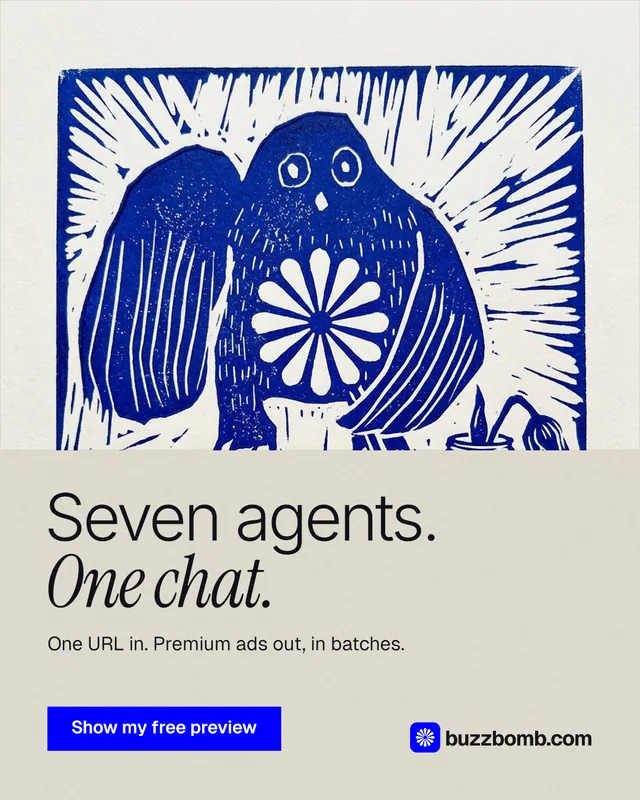 Instagram portrait post for BuzzBomb: "Seven agents. One chat." Swiss style, bottom layout, light palette in yellow, blue, white.