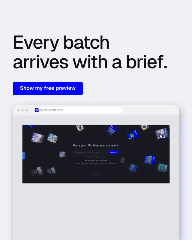 Instagram portrait post for BuzzBomb: "Every batch arrives with a brief." Data card style, browser layout, light palette in white, blue, grey.