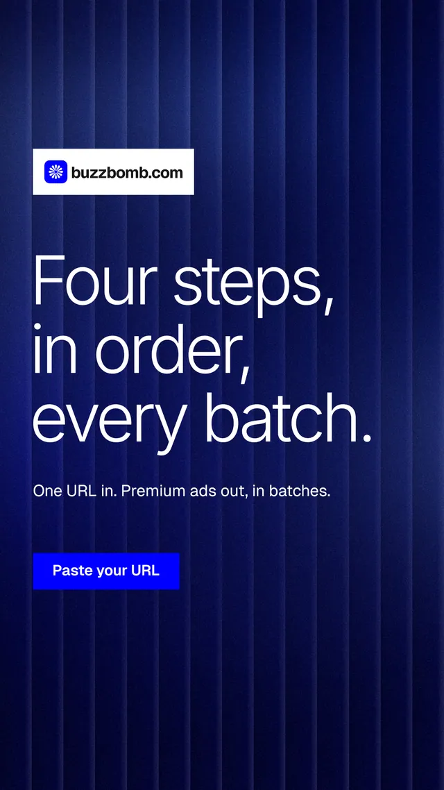 Instagram story for BuzzBomb: "Four steps, in order, every batch." Swiss style, announce layout, dark palette in blue, black.