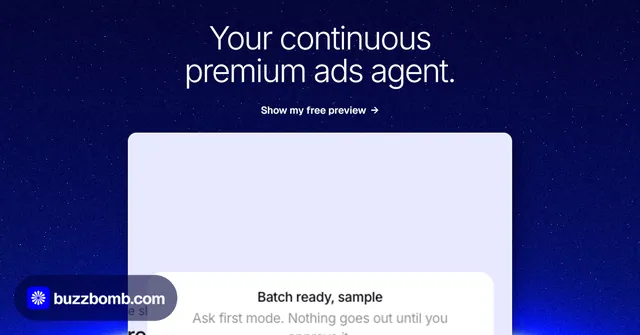 Social ad for BuzzBomb: "Your continuous premium ads agent." Swiss style, ogui layout, dark palette in blue, white.