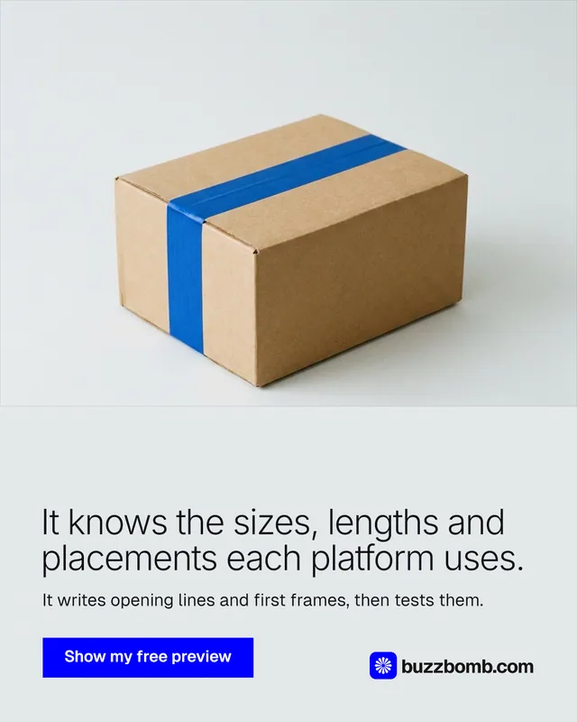 Instagram portrait post for BuzzBomb: "It knows the sizes, lengths and placements each platform uses." Swiss style, bottom layout, light palette in white, grey.