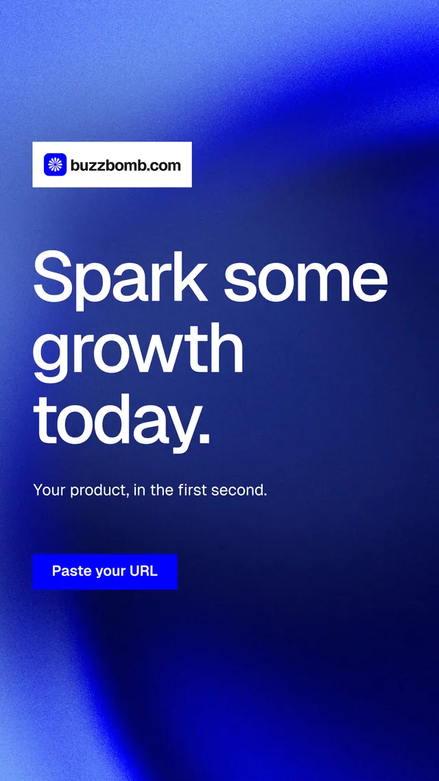 Instagram story for BuzzBomb: "Spark some growth today." Swiss style, announce layout, dark palette in blue.