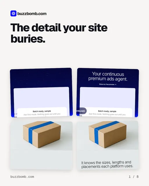 Carousel for BuzzBomb: "The detail your site buries.". Collection carousel, 8 slides, light palette.