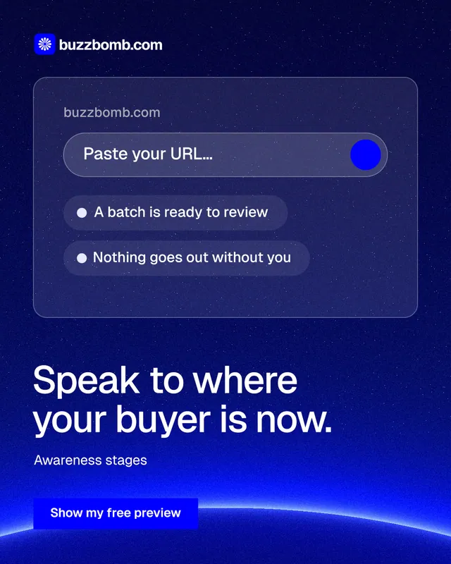 Instagram portrait post for BuzzBomb: "Speak to where your buyer is now." Swiss style, bottom layout, dark palette in blue.