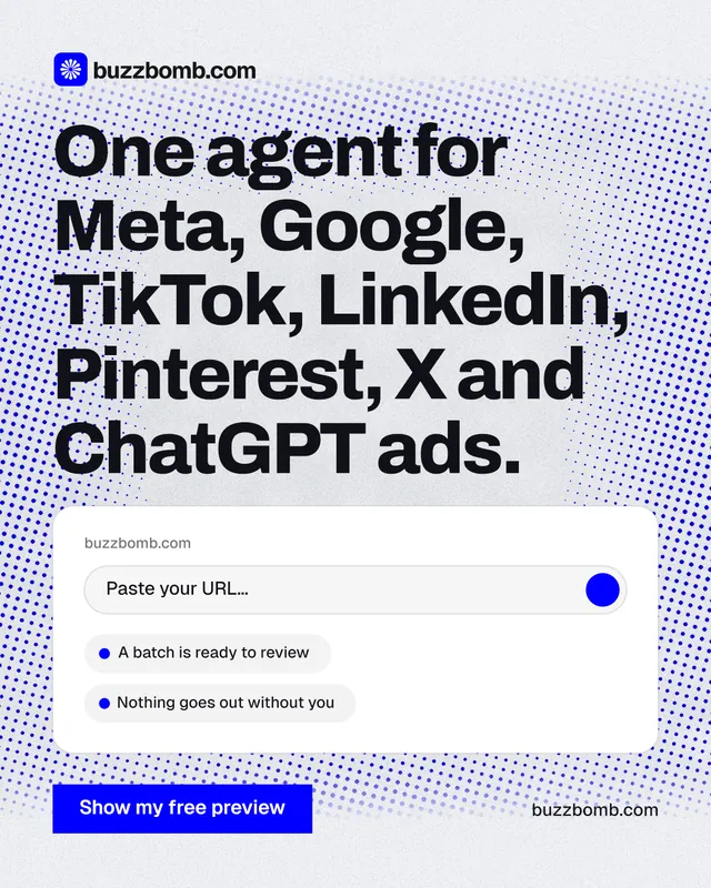 Instagram portrait post for BuzzBomb: "One agent for Meta, Google, TikTok, LinkedIn, Pinterest, X and ChatGPT ads." Swiss style, poster layout, light palette in blue, white, grey.