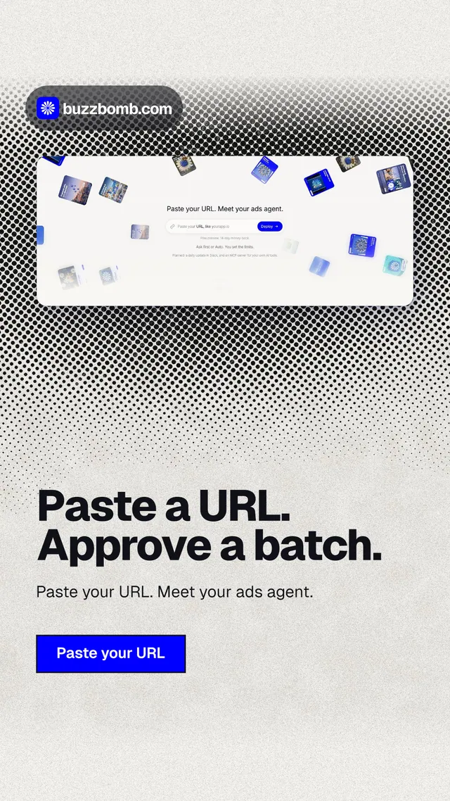 Instagram story for BuzzBomb: "Paste a URL. Approve a batch." Ink sticker style, bottom layout, light palette in white, grey.