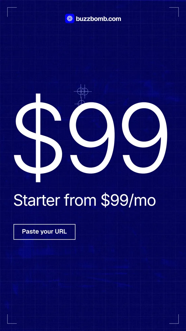 Instagram story for BuzzBomb: "Watch buzzbomb.com run its own ads." Blueprint style, stat layout, dark palette in blue.