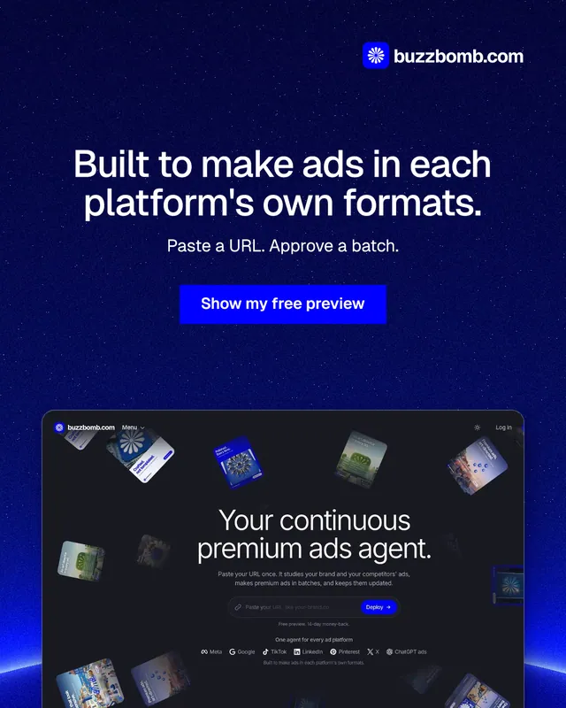 Instagram portrait post for BuzzBomb: "Built to make ads in each platform's own formats." Swiss style, centred layout, dark palette in blue, grey.