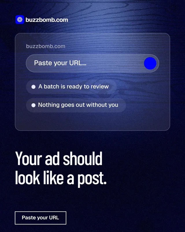 Instagram portrait post for BuzzBomb: "Your ad should look like a post." Dark deco style, bottom layout, dark palette in blue, black.