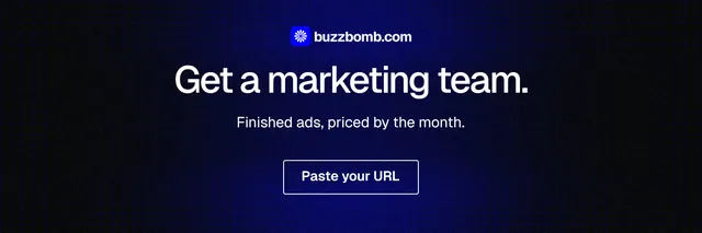 X header for BuzzBomb: "Get a marketing team." Phosphor atlas style, centred layout, dark palette in black, blue.