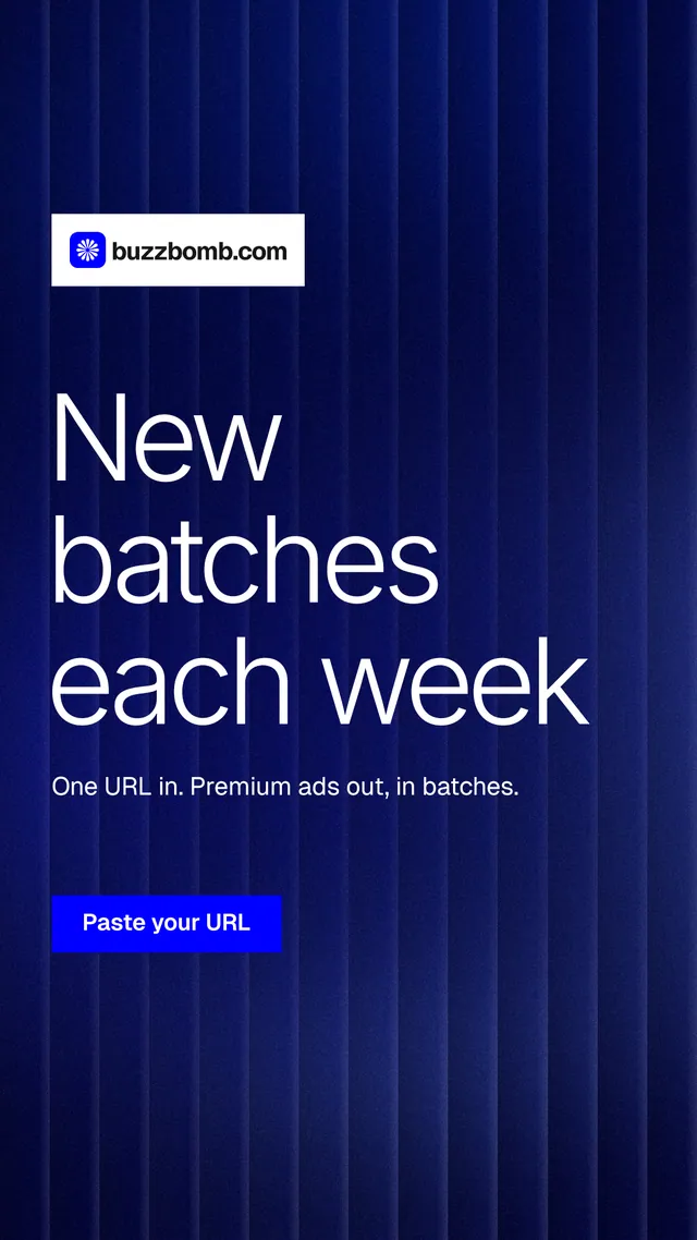 Instagram story for BuzzBomb: "New batches each week". Swiss style, announce layout, dark palette in blue.