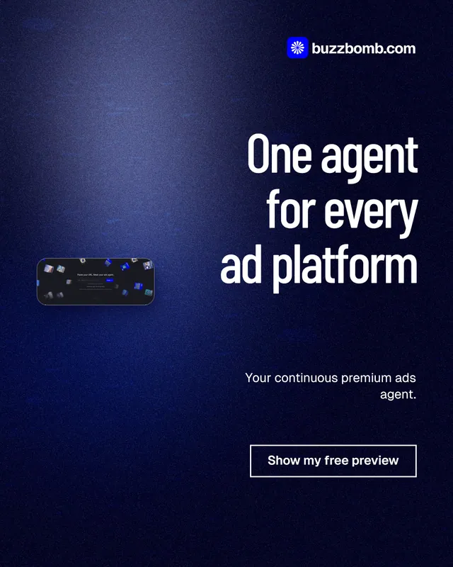 Instagram portrait post for BuzzBomb: "One agent for every ad platform". Dark deco style, right layout, dark palette in blue, black.
